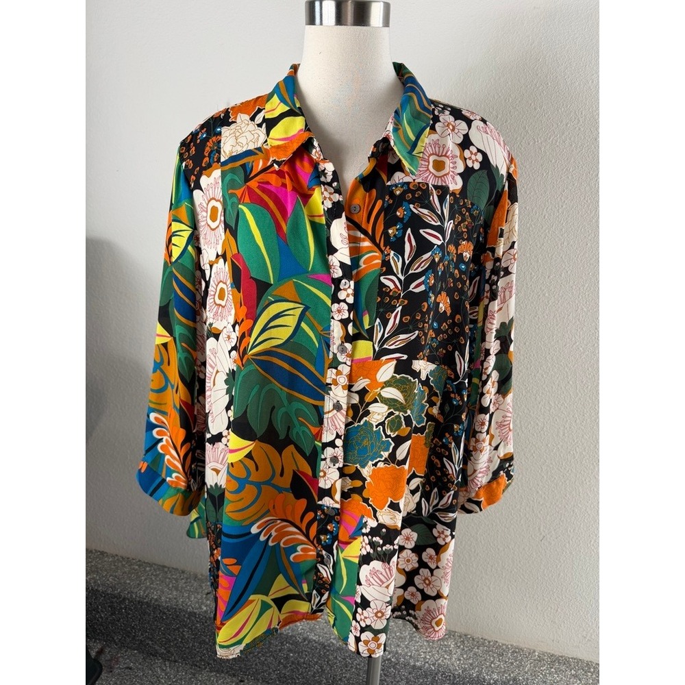 Rose + Olive Womens Plus 3X Floral Tropical Patchwork Button Up Shirt Blouse